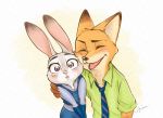  2018 anthro blush canid canine clothed clothing disney duo eyes_closed ezumi_mh fox fully_clothed fur grey_body grey_fur judy_hopps lagomorph leporid mammal necktie nick_wilde open_mouth open_smile rabbit red_fox shirt signature simple_background smile topwear zootopia zoovenir123 