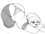  anthro black_and_white bottomwear butt canid canine canis clothed clothing conditional_dnp domestic_dog female floppy_ears freckles hair lying mammal monochrome on_front panties pants shirt simple_background solo thick_thighs topwear underwear xopachi 