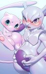  10:16 absurd_res blue_eyes blush both_pregnant duo female feral floating genitals gradient_background hand_on_stomach hi_res katahane3 legendary_pok&eacute;mon looking_at_viewer mew mewtwo nintendo pok&eacute;mon pok&eacute;mon_(species) pregnant pussy simple_background standing video_games 