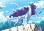  blurry cloud commentary_request day enishi_(menkura-rin10) from_below gen_2_pokemon highres leaves_in_wind legendary_pokemon looking_back mountainous_horizon no_humans outdoors pokemon pokemon_(creature) signature sky solo standing suicune 
