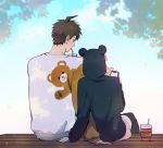  1boy 1girl ahoge animal_ears animal_print bear_ears bear_print black_jacket brown_hair brown_skirt commentary_request cup danganronpa_(series) danganronpa_2:_goodbye_despair disposable_cup drinking_straw drinking_straw_in_mouth fake_animal_ears flipped_hair from_behind grey_sweater hand_up hinata_hajime holding holding_phone hood hood_up hooded_jacket jacket long_sleeves nanami_chiaki outdoors phone ppap_(11zhakdpek19) print_sweater short_hair sitting skirt sweater thighhighs tree wooden_floor 