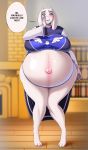 3_toes absurd_res anthro belly big_belly big_breasts blush bovid breasts caprine clothing dialogue english_text female fingers floppy_ears fur goat hand_on_face hi_res horn huge_breasts ipan long_ears looking_at_viewer mammal mature_female motion_lines pregnant solo standing stretch_marks text toes toriel undertale video_games white_body white_fur wide_hips 