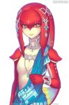  1girl blush breasts colored_skin fins fish_girl gofelem jewelry lips looking_at_viewer mipha monster_girl multicolored red_skin simple_background small_breasts smile the_legend_of_zelda the_legend_of_zelda:_breath_of_the_wild white_background yellow_eyes zora 