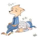  1:1 absurd_res anthro barefoot blush bottomwear canid canine clothed clothing disney duo ezumi_mh fox fully_clothed fur grey_body grey_fur hi_res judy_hopps lagomorph leporid mammal necktie nick_wilde open_mouth orange_body orange_fur pants rabbit red_fox shirt simple_background sleeping sound_effects topwear white_background zootopia zzz 