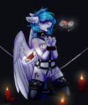  2020 anthro ball_gag bdsm black_collar blue_hair bondage bound breasts candle collar crotch_rope equid equine feathered_wings feathers female gag genitals hair heroin-burn hi_res kneeling lit_candle mammal nipples pegasus pussy red_ball_gag rope submissive submissive_anthro submissive_female wax_play white_rope wings 