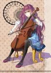  cello clock dress instrument meuyi original pantyhose purple_hair scar sitting skirt stitches yellow_eyes 