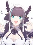  1girl :d animal_ears aqua_eyes aqua_hair aqua_nails azur_lane breasts cheshire_(azur_lane) cleavage detached_sleeves eyebrows_visible_through_hair fake_animal_ears fang frilled_hairband frilled_headband frills hairband ieufg large_breasts looking_at_viewer maid maid_headdress multicolored_hair open_mouth puffy_detached_sleeves puffy_sleeves purple_apron purple_hair simple_background smile solo streaked_hair white_background wrist_cuffs 