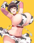  1girl animal_ears animal_print armpits arms_up bangs bare_shoulders blush breasts brown_eyes brown_hair cleavage collar cow_ears cow_horns cow_print cow_tail elbow_gloves gloves hakai_shin headset highres horns huge_breasts idolmaster idolmaster_cinderella_girls looking_at_viewer navel oikawa_shizuku one_eye_closed open_mouth pink_gloves short_hair sideboob skirt smile tail thighs yellow_background 