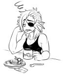  &lt;3 alphys animal_humanoid beverage blush breasts coffee cup duo eigaka eye_patch eyewear female fish fish_humanoid food frill_(anatomy) glasses hair hair_over_eye humanoid marine marine_humanoid monochrome muscular muscular_female muscular_humanoid one_eye_obstructed pasta solo_focus spaghetti tired undertale undyne video_games 