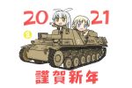  2021 2girls binoculars blonde_hair blue_eyes blush caterpillar_tracks chibi flatskey green_eyes ground_vehicle highres jerry_can long_hair military military_vehicle motor_vehicle multiple_girls new_year original self-propelled_artillery shovel smile sturmpanzer_ii tank translated white_background white_hair 