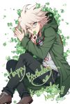  1boy bangs black_footwear black_pants character_name clover coat commentary_request danganronpa_(series) danganronpa_2:_goodbye_despair dated four-leaf_clover from_above green_coat grey_eyes grey_hair grey_shirt hair_between_eyes happy_birthday highres holding hood hood_down hooded_coat komaeda_nagito long_sleeves looking_at_viewer lying male_focus medium_hair on_side open_clothes open_coat pants print_shirt shaguo shirt simple_background smile solo symbol_commentary white_background white_hair 