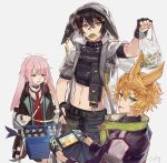  3boys animal_ears ansel_(arknights) arknights arm_up ayerscarpe_(arknights) bag bandages bandaid bandaid_on_nose bangs black_choker black_coat black_gloves black_hair black_jacket black_pants black_shirt blonde_hair bottle box bunny_ears choker coat cowboy_shot crop_top cropped_jacket csyday edamame_(food) fingerless_gloves frown gloves green_eyes grey_jacket hair_between_eyes holding holding_bag hood hood_up jacket leonhardt_(arknights) long_hair long_sleeves male_focus messy_hair midriff mouth_hold multiple_boys necktie nintendo_switch orange_eyes otoko_no_ko pants pink_hair rabbit_boy red_eyes red_neckwear shirt short_hair short_sleeves simple_background tongue tongue_out upper_body white_background white_gloves 