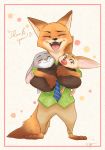  anthro bedding blanket blush border bottomwear canid canine clothed clothing comic cute_fangs disney english_text eyes_closed ezumi_mh fennec finnick fox fully_clothed fur grey_body grey_fur hi_res japanese_text judy_hopps lagomorph leporid mammal necktie nick_wilde open_mouth open_smile orange_body orange_fur pants rabbit red_fox shirt simple_background smile text topwear trio white_background zootopia 