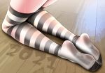  1other 2021 ambiguous_gender black_legwear commentary_request cum cum_on_thighs feet kneeling no_shoes oouso original solo striped striped_legwear thighhighs thighs white_legwear wooden_floor 