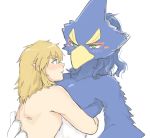  anthro avian blonde_hair blue_body blue_eyes blue_feathers blush breath_of_the_wild clothed clothing duo eye_contact feathers green_eyes hair hi_res hug human human_on_anthro humanoid hylian ikuze interspecies link looking_at_another male male/male mammal nintendo pecs revali rito the_legend_of_zelda topless video_games 
