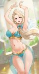  1girl alternate_costume armpits arms_up bangs bare_shoulders bikini blonde_hair blue_bikini blue_bow blue_eyes blush bow bracelet breasts cleavage collarbone dancer earrings fire_emblem fire_emblem:_three_houses gold_trim highres jewelry large_breasts long_hair looking_at_viewer mercedes_von_martritz navel open_mouth parted_bangs pelvic_curtain sendrawz side_ponytail smile swimsuit thighs 