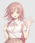  1girl :d backpack bag bangs blush breasts brown_hair brown_skirt collared_shirt commentary_request danganronpa_(series) danganronpa_2:_goodbye_despair flipped_hair grey_background hair_ornament hairclip hands_up highres holding_strap io_(sinking=carousel) light_brown_hair looking_at_viewer medium_hair nanami_chiaki neck_ribbon open_mouth pink_eyes pink_ribbon pleated_skirt ribbon shirt shirt_tucked_in short_sleeves simple_background skirt smile solo upper_body white_shirt 