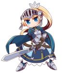  1girl armor armored_boots armored_dress bangs black_gloves blonde_hair blue_cape blue_dress blue_eyes blush boots breastplate cape chibi closed_mouth dress eyebrows_visible_through_hair feathers forte_(rune_factory) full_body gloves hair_feathers high_ponytail highres holding holding_sword holding_weapon juliet_sleeves long_hair long_sleeves looking_at_viewer naga_u parted_bangs ponytail puffy_sleeves rune_factory rune_factory_4 simple_background solo standing sword v-shaped_eyebrows vambraces very_long_hair visor_(armor) weapon white_background white_feathers 