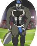  2020 anthro big_pecs blue_baseball_cap blue_bottomwear blue_clothing blue_shorts bottomwear bulge canid canine canis clothing coach_mika english_text facial_hair football_field fur genital_outline grey_body grey_fur hat headgear headwear hi_res looking_at_viewer male mammal muscular muscular_anthro muscular_arms muscular_legs muscular_male nipples pecs penis_outline pink_nipples portrait shorts signature solo text text_on_clothing text_on_hat text_on_headwear three-quarter_portrait topless_male whistle_(object) wolf yellow_eyes zawn 