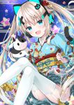  1girl :d animal_ears bangs blonde_hair blue_eyes blue_kimono cat_ear_headphones cat_ears cat_hair_ornament commentary_request egasumi eyebrows_visible_through_hair fake_animal_ears fang floral_print garter_straps hair_between_eyes hair_ornament headphones indie_virtual_youtuber japanese_clothes kimono long_hair long_sleeves looking_at_viewer new_year obi open_mouth print_kimono sash smile solo thighhighs twintails uchuuneko very_long_hair virtual_youtuber white_legwear wide_sleeves 
