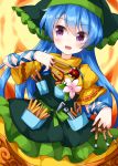  1girl apron arm_ribbon bangs between_fingers blue_hair blue_ribbon cowboy_shot dress eyebrows_visible_through_hair flower green_apron green_headwear hair_between_eyes haniyasushin_keiki head_scarf highres leaf long_hair looking_to_the_side magatama magatama_necklace open_mouth orange_background pink_flower pocket purple_eyes ribbon ruu_(tksymkw) short_sleeves single_strap smile solo standing touhou two-tone_background wood_carving_tool yellow_background yellow_dress 