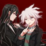  2boys artist_name black_hair black_jacket black_neckwear chain chain_pull chained collar collarbone collared_shirt commentary_request danganronpa_(series) danganronpa_3_(anime) danganronpa_another_episode:_ultra_despair_girls finger_to_mouth formal gradient gradient_background green_sweater grey_background grey_hair index_finger_raised jacket kamukura_izuru komaeda_nagito long_hair long_sleeves looking_at_viewer male_focus medium_hair metal_collar multiple_boys necktie official_alternate_costume open_clothes open_jacket profile red_eyes red_sweater shaguo shiny shiny_hair shirt signature striped striped_sweater sweater upper_body yaoi 