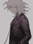  1boy ai_(meira32373165) black_jacket brown_eyes chain chained closed_mouth danganronpa_(series) danganronpa_2:_goodbye_despair danganronpa_another_episode:_ultra_despair_girls from_side grey_background grey_hair hand_in_pocket highres jacket komaeda_nagito light_smile long_sleeves male_focus profile simple_background solo upper_body 