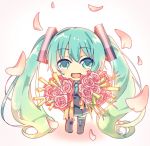  1girl aqua_eyes aqua_hair aqua_neckwear black_legwear black_skirt bouquet chibi commentary falling_petals flower full_body grey_shirt hair_ornament happy_tears harusamesyota hatsune_miku holding holding_bouquet long_hair looking_at_viewer necktie open_mouth petals pink_flower pink_rose pleated_skirt rose shirt skirt smile solo spring_onion tears thighhighs twintails very_long_hair vocaloid white_background 