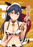  ... 1girl 2021 ahoge animal_ears animal_print bangs bell blush breasts brown_eyes cleavage cow_ears cow_print cow_tail empty_eyes fake_animal_ears fur_trim hairband highres holding horns ichikawa_feesu kantai_collection large_breasts long_hair new_year smile solo spoken_ellipsis tail upper_body ushio_(kantai_collection) 