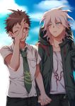  2boys ahoge blush brown_hair brown_pants chain cloud coat collarbone collared_shirt commentary_request danganronpa_(series) danganronpa_2:_goodbye_despair day green_neckwear grey_hair highres hinata_hajime holding_hands hood hooded_coat komaeda_nagito looking_at_another male_focus mechanical_arm messy_hair multiple_boys necktie one_eye_closed open_clothes open_coat outdoors pants parted_lips print_shirt red_eyes shaguo shirt short_hair short_sleeves smile yaoi 
