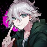  1boy bangs black_background blood blood_splatter closed_mouth coat collarbone commentary_request danganronpa_(series) danganronpa_2:_goodbye_despair face green_coat grey_eyes grey_hair hair_between_eyes hasai_min_to hooded_coat index_finger_raised komaeda_nagito looking_at_viewer male_focus medium_hair messy_hair pink_blood portrait shirt smile solo white_shirt 