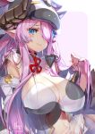  1girl animal_print bangs bare_shoulders bikini blue_eyes braid breasts cleavage closed_mouth cosplay cow_hat cow_print detached_collar detached_sleeves draph ear_piercing granblue_fantasy hair_over_one_eye hong_(white_spider) large_breasts light_purple_hair long_hair looking_at_viewer narmaya_(granblue_fantasy) navel piercing shatola_(granblue_fantasy) shatola_(granblue_fantasy)_(cosplay) sheer_clothes single_braid smile swimsuit white_bikini wide_sleeves 