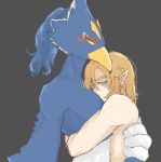  anthro avian beak blonde_hair blue_body blue_eyes blue_feathers breath_of_the_wild clothed clothing duo feathers green_eyes hair hi_res hug humanoid humanoid_pointy_ears hylian ikuze link male male/male nintendo revali rito the_legend_of_zelda topless video_games 