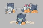  2021 2boys ? autobot blue_eyes chibi chopsticks eating food grey_background happy_new_year highres holding holding_chopsticks iroha23628 japanese_clothes jazz_(transformers) male_focus mecha multiple_boys new_year no_humans noodles ramen ratchet transformers v-fin visor wiping_face 