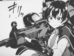  1girl aiming assault_rifle bangs black_eyes black_gloves black_hair blush bow closed_mouth collar collared_shirt commentary_request fingerless_gloves girls_frontline gloves grey_background greyscale gun hair_bow hair_ornament highres holding holding_gun holding_weapon long_hair looking_at_viewer monochrome necktie qbz-97_(girls_frontline) rifle shirt short_necktie short_sleeves simple_background solo sound_effects sweat tachibana_roku twintails upper_body weapon 