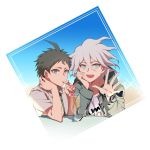 2boys :d ahoge brown_hair cocktail_glass collared_shirt commentary_request cup danganronpa_(series) danganronpa_2:_goodbye_despair drinking drinking_glass drinking_straw green_eyes green_jacket green_neckwear grey_eyes grey_hair grey_shirt hair_between_eyes hand_on_own_cheek hand_on_own_face hands_up heart hinata_hajime jacket komaeda_nagito looking_at_viewer male_focus multiple_boys necktie open_mouth shaguo shirt short_hair smile upper_body white_background 