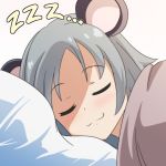  1girl :3 animal_ears cato_(monocatienus) closed_eyes commentary face grey_hair mouse_ears nazrin pillow short_hair sleeping smile solo touhou under_covers zzz 