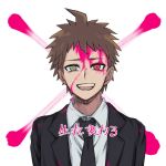  1boy ahoge bangs black_jacket black_neckwear blood blood_on_face brown_eyes brown_hair collared_shirt commentary_request danganronpa_(series) danganronpa_3_(anime) hinata_hajime jacket male_focus necktie open_mouth pink_blood portrait red_eyes shaguo shirt short_hair smile solo stitches teeth translation_request white_background white_shirt 