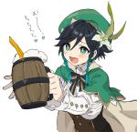  1boy aki_shou alcohol bangs beer beer_mug black_hair braid cape cup drunk eyebrows_visible_through_hair flower foam genshin_impact gradient_hair green_hair green_headwear hair_between_eyes hat holding holding_cup long_sleeves male_focus mug multicolored_hair open_mouth side_braids simple_background solo sparkling_eyes upper_body venti_(genshin_impact) white_background 