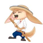  1:1 absurd_res anthro bottomwear canid canine clothed clothing disney eyes_closed ezumi_mh fennec finnick fox fully_clothed fur hat headgear headwear hi_res holding_object mammal open_mouth pants shirt simple_background solo tan_body tan_fur topwear white_background zootopia 