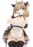  1girl :q animal_ears baby_bottle bare_shoulders bell black_choker black_legwear black_panties blue_eyes bottle breasts brown_hair choker cleavage closed_mouth collarbone cow_ears cow_girl cowboy_shot detached_sleeves frills highres holding large_breasts looking_at_viewer maid maid_headdress multi-strapped_panties original otou_mamayo panties panty_straps pelvic_curtain revealing_clothes short_hair side-tie_panties smile solo thighhighs thighs tongue tongue_out underwear wrist_cuffs 
