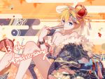  1boy anniversary belt blonde_hair blue_eyes blue_kimono closed_fan commentary confetti crown egasumi fan fan_to_mouth floral_print folding_fan fur-trimmed_kimono fur_trim gigantic_o.t.n_(vocaloid) highres holding holding_fan japanese_clothes kagamine_len kimono knees_up koe_(mixpi) looking_at_viewer male_focus naked_kimono seigaiha short_ponytail sitting smile spiked_hair vocaloid 