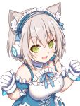  1girl animal_ears bow cat_ears gloves green_eyes guild_cq headphones hestia_(neko_itachi) highres itou_yuna maid microphone silver_hair virtual_youtuber white_gloves 