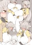  1boy 1girl absurdres animal_ears black_gloves blush breasts brown_eyes closed_eyes cow_ears cup gloves grey_background grey_hair hair_over_one_eye heavy_breathing highres horns huge_breasts implied_sex kemono_friends kemono_friends_3 lactation lactation_through_clothes long_hair milk nose_blush simple_background solo_focus two-tone_gloves whoosaku yak_(kemono_friends) yellow_gloves 