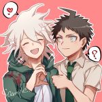  2boys :d ? ahoge bangs brown_eyes brown_hair closed_eyes coat commentary_request danganronpa_(series) danganronpa_2:_goodbye_despair green_coat green_neckwear grey_hair heart heart_hand_thumb_up_duo hinata_hajime hooded_coat komaeda_nagito looking_at_another male_focus medium_hair meme multiple_boys necktie open_clothes open_coat open_mouth outline pink_background shaguo shirt short_hair simple_background smile sparkle speech_bubble spoken_heart spoken_question_mark thumbs_up upper_teeth white_outline white_shirt 
