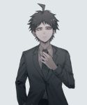  1boy adjusting_clothes adjusting_necktie ahoge ai_(meira32373165) brown_eyes closed_mouth collared_shirt commentary_request danganronpa_(series) danganronpa_3_(anime) formal greyscale hand_in_pocket hand_up highres hinata_hajime jacket long_sleeves looking_at_viewer male_focus monochrome necktie official_alternate_costume pants red_eyes shirt short_hair solo spiked_hair spot_color upper_body 