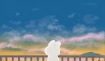  :d animated ayu_(mog) blue_sky blush bunny cloud cloudy_sky gradient_sky looking_at_viewer no_humans open_mouth original outdoors railing sky smile solo star_(sky) turning_head waving wide_shot yellow_sky 
