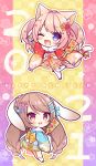  2021 2girls :d ;d animal_ears blue_kimono blush braid brown_hair bunny_ears bunny_girl bunny_tail cat_ears cat_tail checkered checkered_background chibi commentary_request floral_background floral_print hagoita hair_ornament hair_ribbon hairclip hane_(hanetsuki) hanetsuki happy_new_year highres holding japanese_clothes kimono long_hair multiple_girls new_year one_eye_closed open_mouth original paddle print_kimono purple_eyes red_kimono red_ribbon ribbon ryuuka_sane smile socks standing standing_on_one_leg tail thighhighs twin_braids very_long_hair white_legwear 