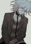  1boy ai_(meira32373165) bangs black_jacket chain chained collar collarbone danganronpa_(series) danganronpa_another_episode:_ultra_despair_girls grey_background grey_hair highres jacket komaeda_nagito long_sleeves looking_at_viewer male_focus medium_hair messy_hair metal_collar official_alternate_costume open_clothes open_jacket open_mouth pants shirt simple_background sitting smile solo striped striped_shirt upper_teeth 