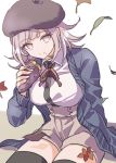  1girl :t alternate_costume bangs black_legwear black_shirt breasts brown_headwear brown_shorts commentary_request danganronpa_(series) danganronpa_2:_goodbye_despair dress_shirt eating falling_leaves food food_on_face hair_ornament hat highres holding holding_food jacket kayada_(kyd_kxh) large_breasts leaf long_sleeves looking_at_viewer medium_hair nanami_chiaki necktie open_clothes open_jacket pink_eyes red_neckwear shirt shirt_tucked_in shorts sitting solo thighhighs two-tone_shirt white_shirt 